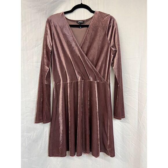 Express Mauve Velvet Pleated Long Sleeve Dress Party Cocktail Evening Formal - Picture 1 of 8